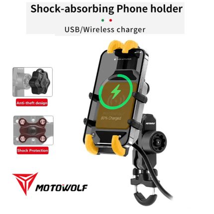 MOTOWOLF Phone Holder with charger (Wireless Charge Support) for Motorbike - Yellow